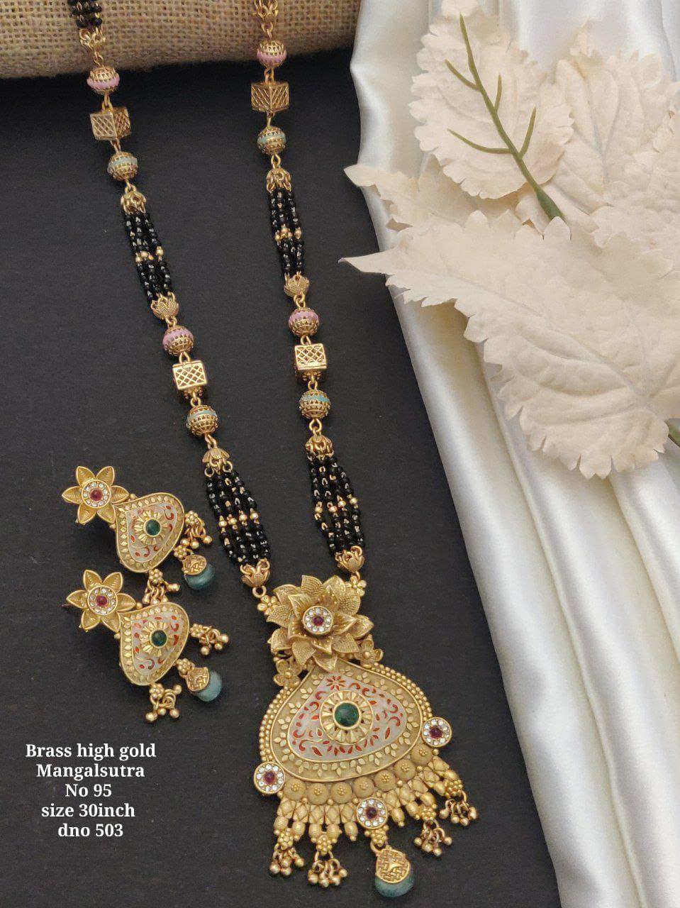 Brass high gold Mangalsutra necklace and matching earrings with intricate floral design and black beads
