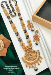 Brass high gold antique mangalsutra set with intricate floral pendant and matching earrings