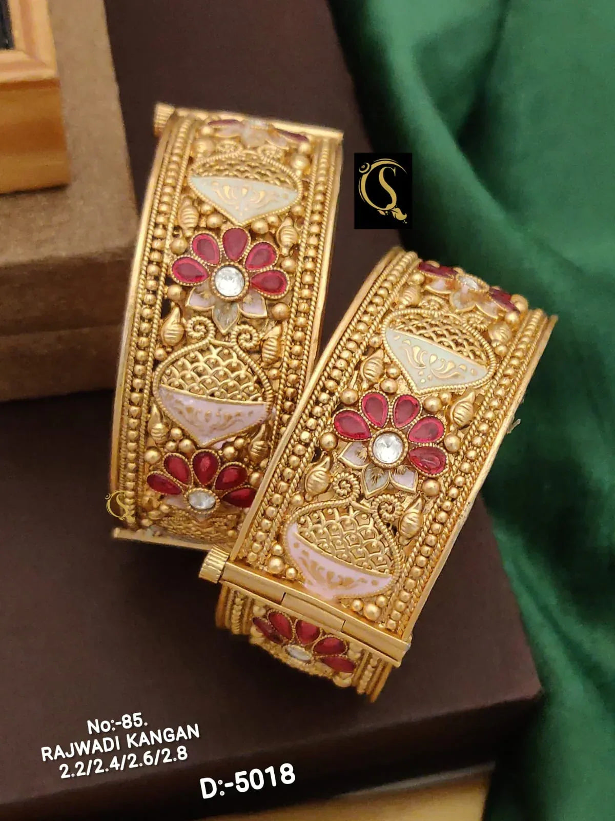 Pair of traditional gold Rajwadi bangles with floral red and white enamel designs and intricate beadwork