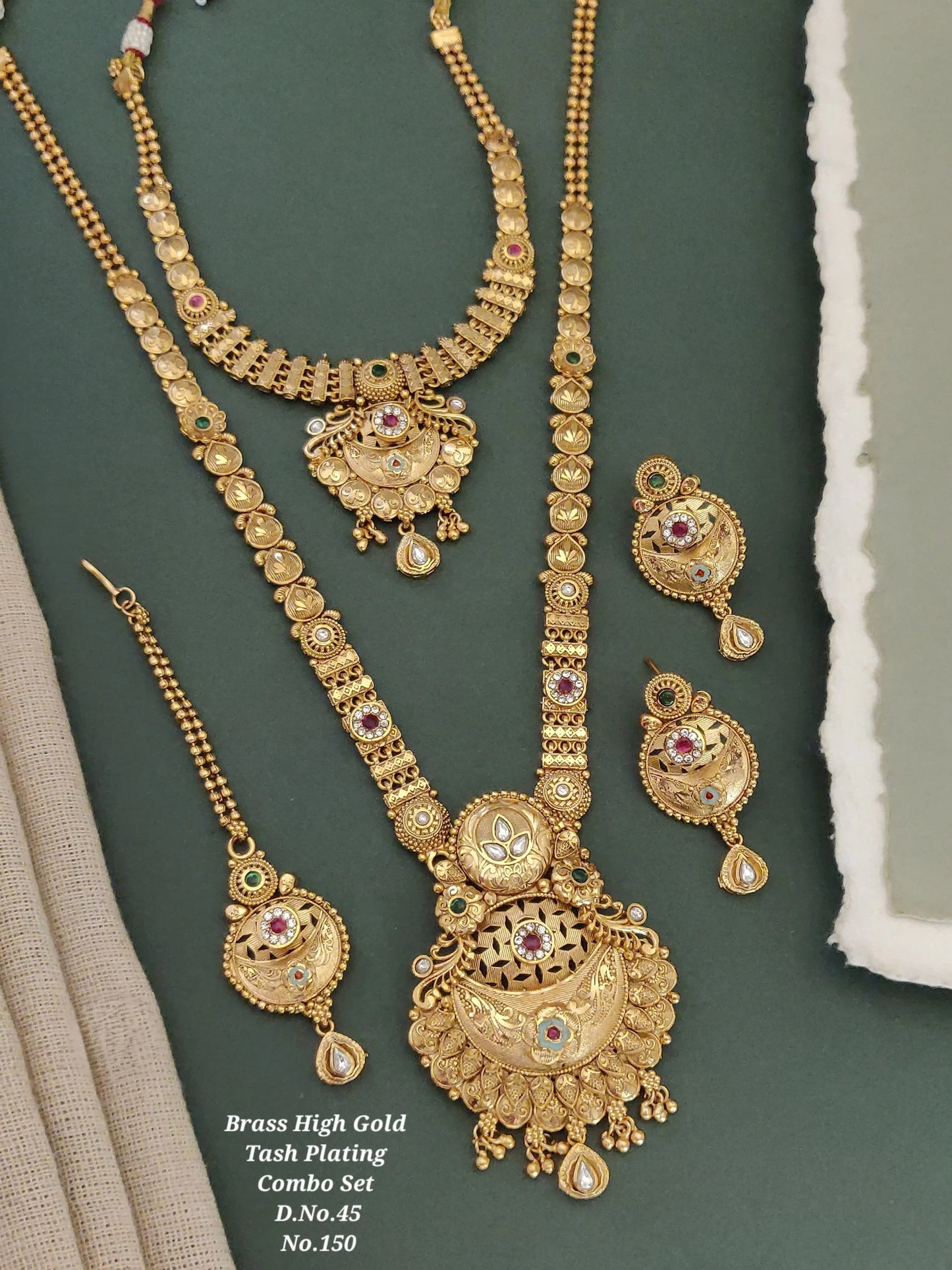 Brass high gold plated traditional Indian jewelry combo set with intricate floral and geometric designs