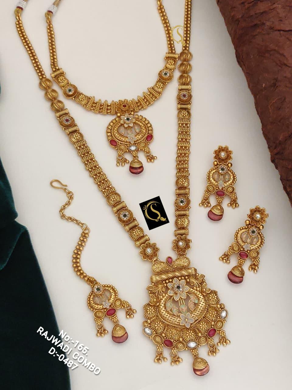 Rajwadi combo gold necklaces and earrings jewelry set with floral and red gemstone design