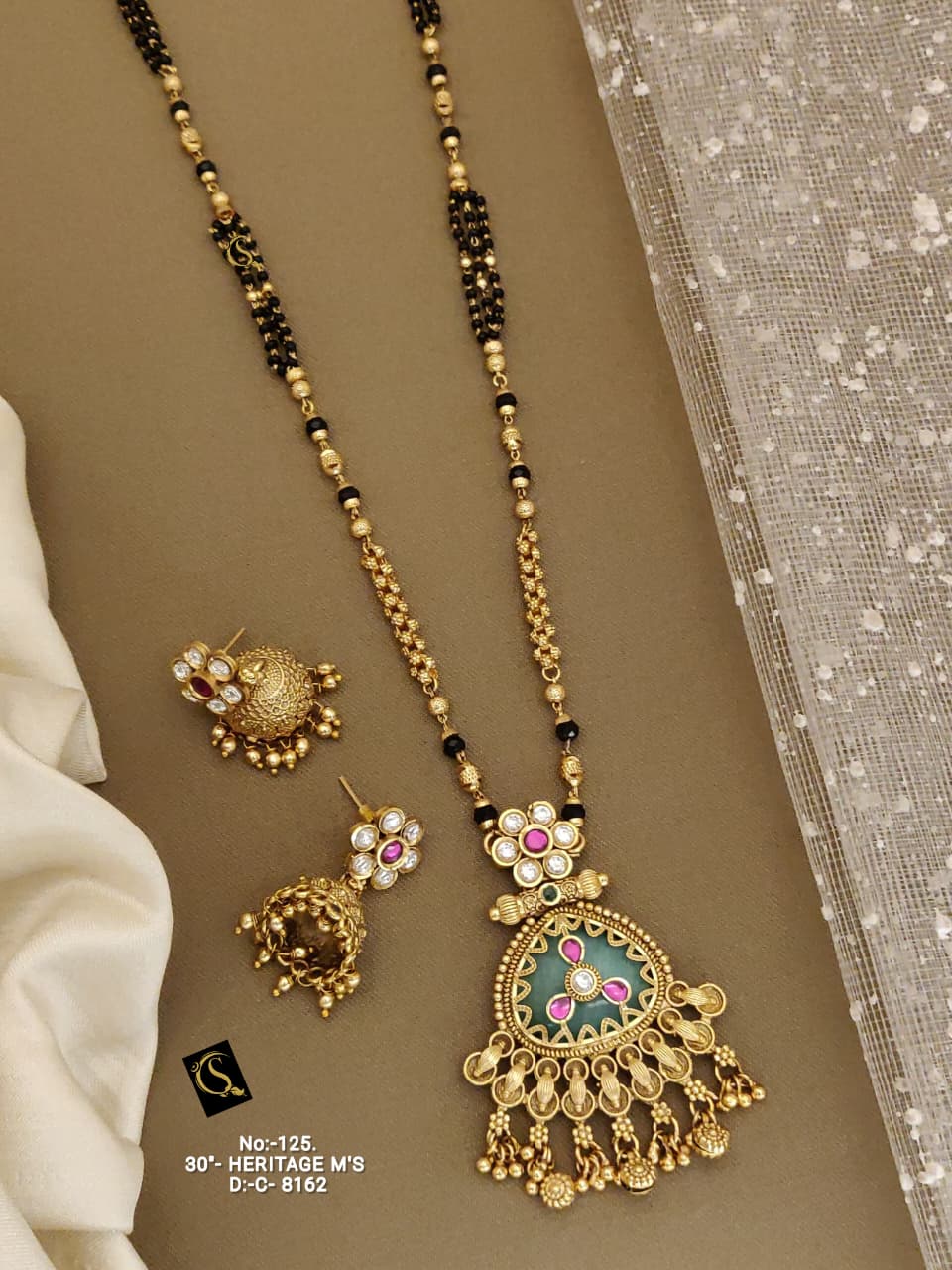 Brass High Gold Rajwadi Mangalsutra with Earrings 8162