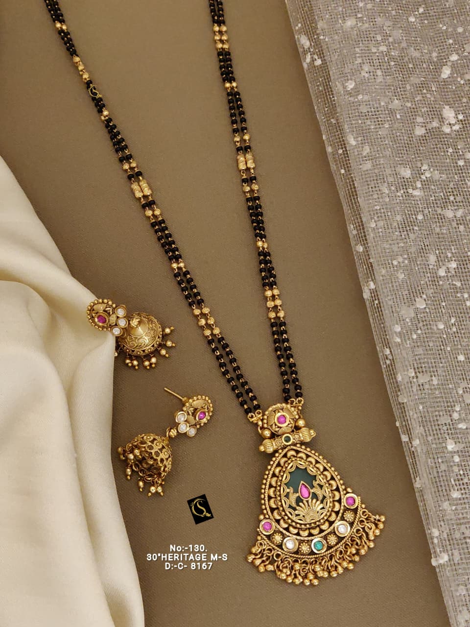 Brass High Gold Rajwadi Mangalsutra with Earrings 8160