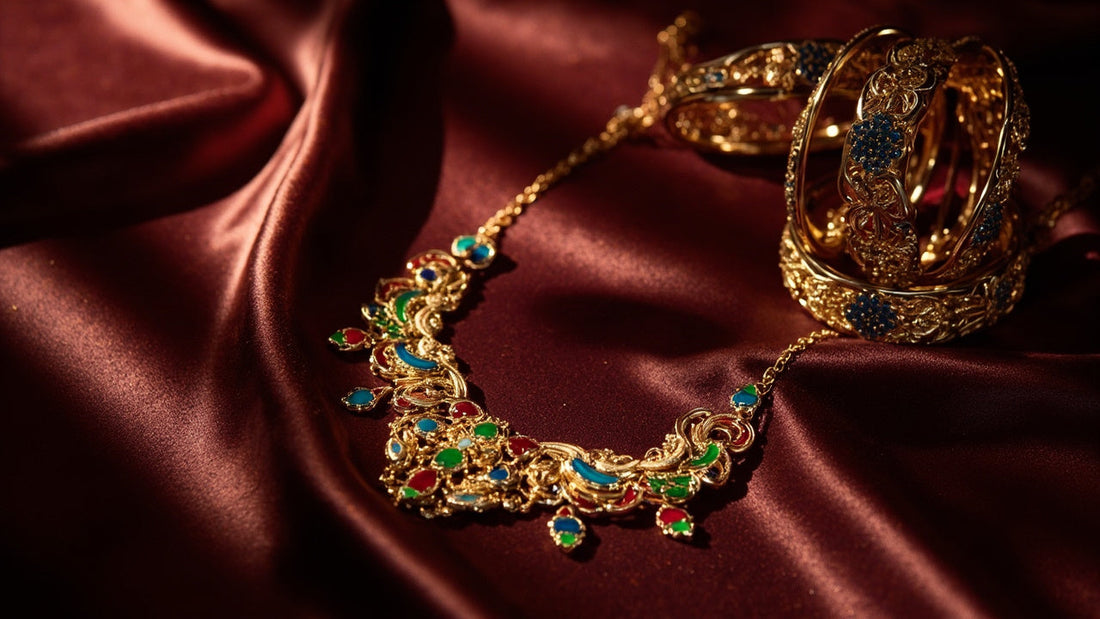 gold jewelry set on silk fabric with vibrant colors and soft warm lighting