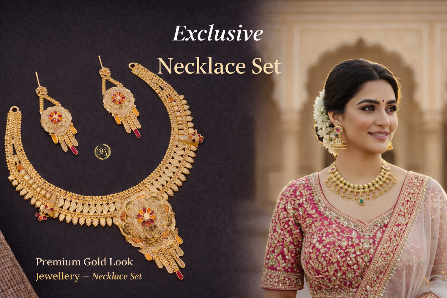 Brass high gold antique necklace set with green and red stones and matching jhumka earrings