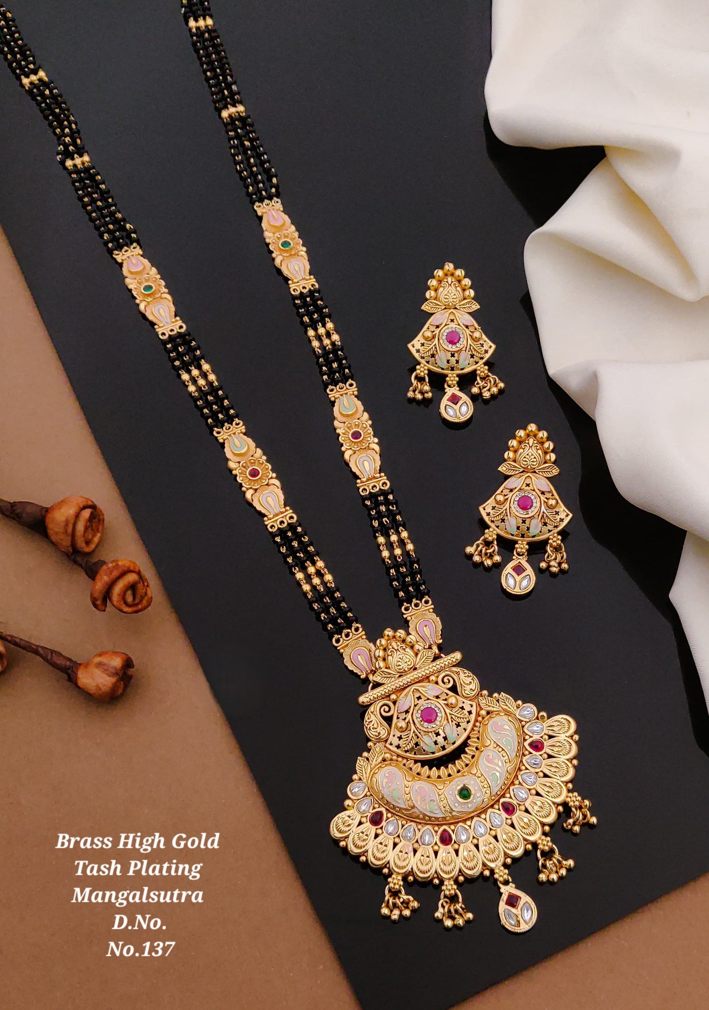 Brass High Gold Rajwadi Mangalsutra with Earrings 009