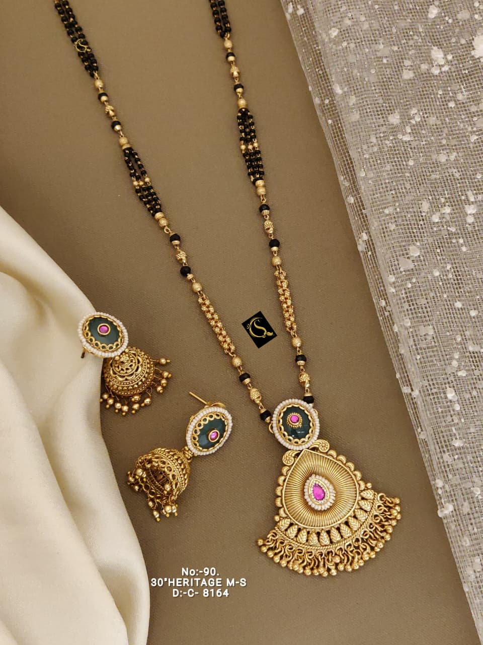 Brass High Gold Rajwadi Mangalsutra with Earrings 8164