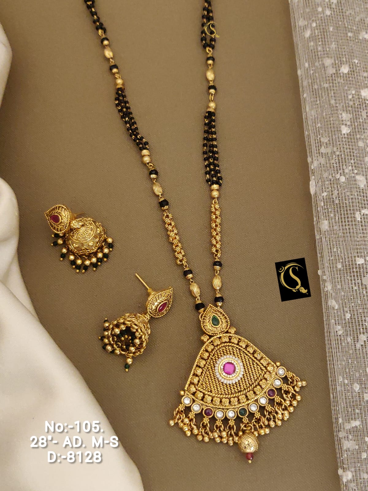 Brass High Gold Rajwadi Mangalsutra with Earrings 8128