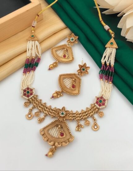 Brass Hight Gold Moti Rajwadi Set - Queenzart Imitation Jewellery