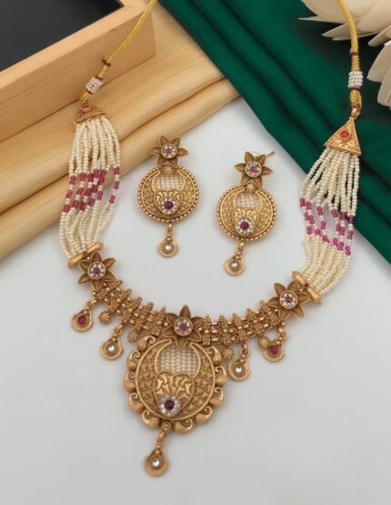 Brass Hight Gold Moti Rajwadi Set - Queenzart Imitation Jewellery
