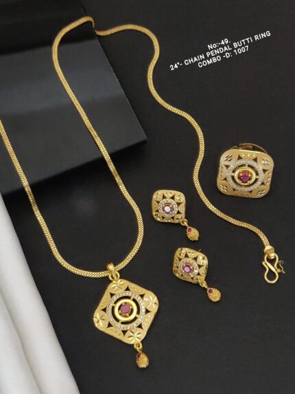 24-inch gold chain necklace with square pendant and matching earrings featuring red stones