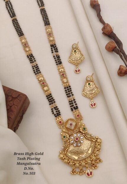 Brass High Gold Tash Plating Mangalsutra with Earrings 014