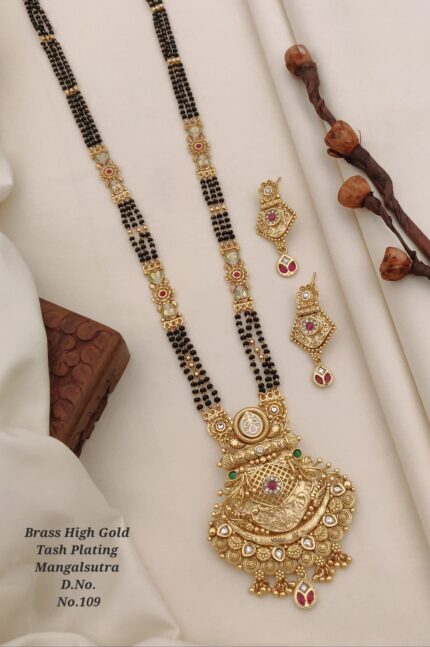 Brass High Gold Tash Plating Mangalsutra with Earrings 015