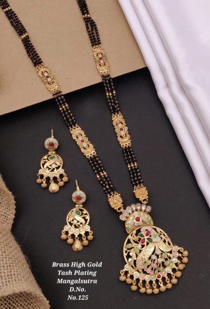 Brass gold-plated mangalsutra set with black beads, intricate floral and peacock design pendant, matching earrings
