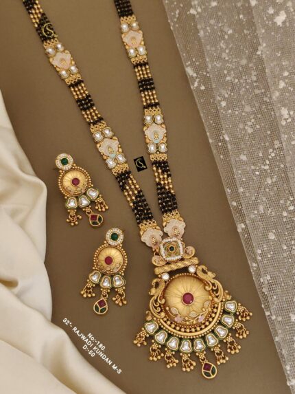 Brass High Gold Rajwadi Mangalsutra with Earrings 020 - Queenzart Imitation Jewellery