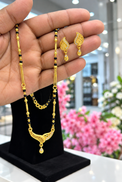 Designer Mangalsutra Set with Earrings | Gold & Black Beads 01