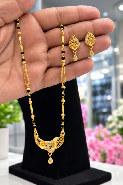 Designer Mangalsutra Set with Earrings | Gold & Black Beads 02